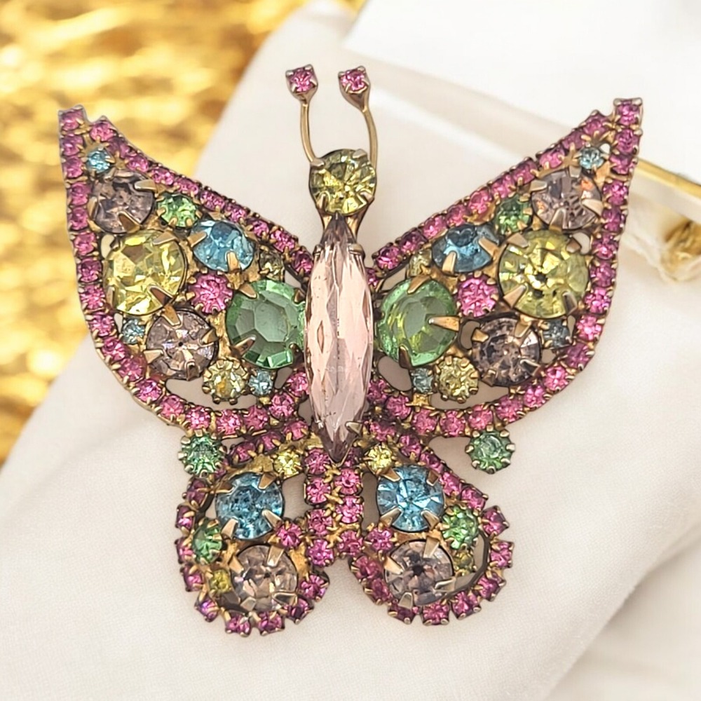 Vtg Juliana Fruit Salad Butterfly Brooch Gold Tone Blue Green Pink Yellow Glass